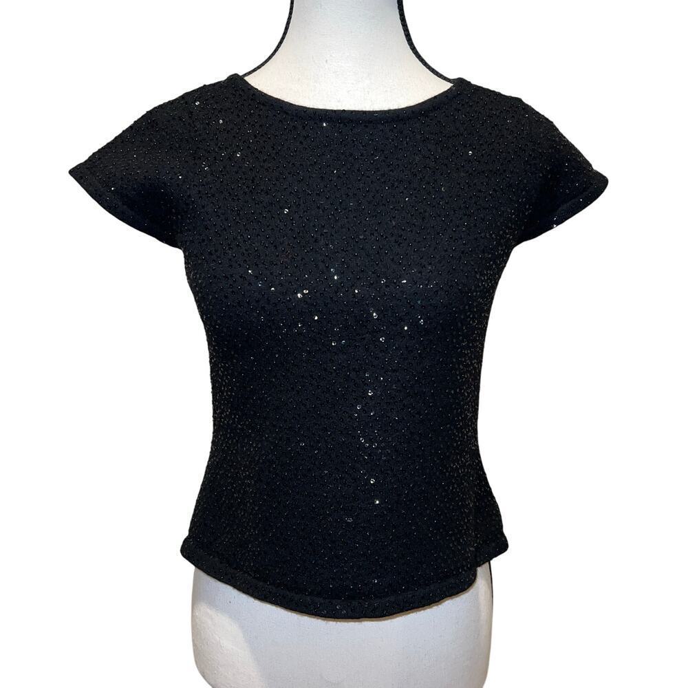 Talbots Merino Wool Beaded Sequined Black Cap Sleeve Sweater Size M RUNS SMALL